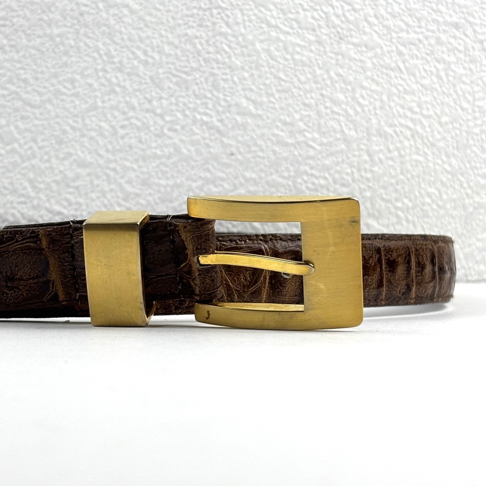 Croc Embossed Leather Belt Womens M/L Brown‎ Gold Square Buckle Classic Vintage